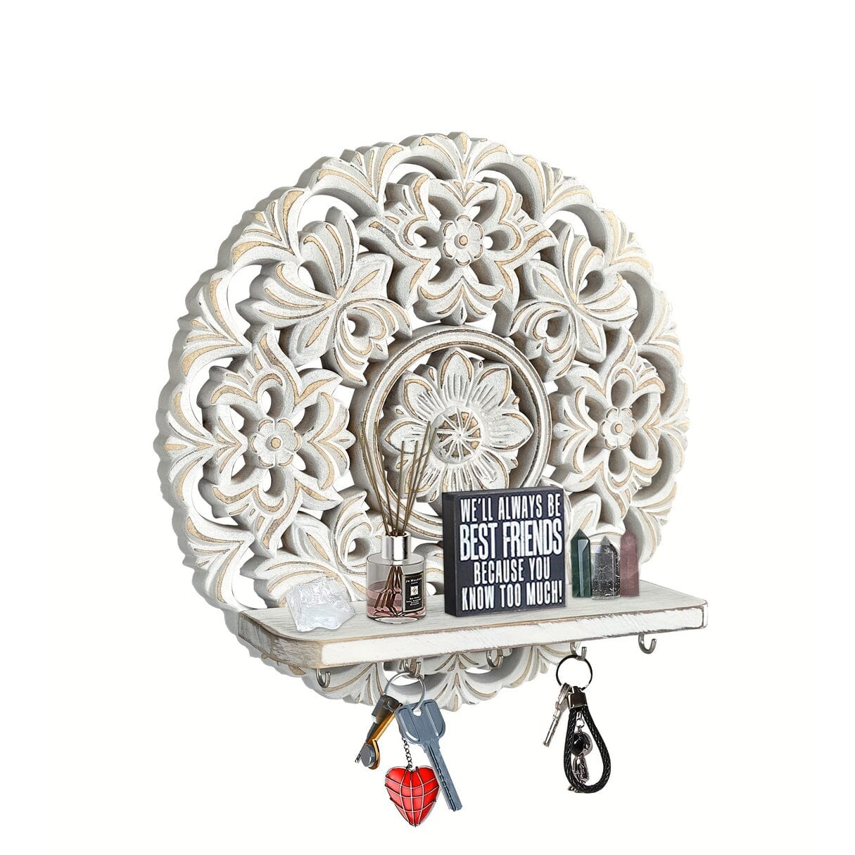 [Wall Shelf With Hooks] 1pc Rustic Whitewashed Wood Floating Wall Shelves Organizer With Hooks Whitewashed Wood Entryway Storage Shelf With 5 Metal Key Hooks For Bedroom Decorative Jewelry Organizer, Wall Decor Manwatstore