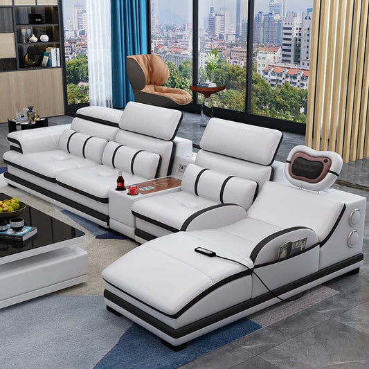 4 PC Sofa Bed Set With Ottoman Genuine Leather couch/Sofa Bed with Sound System RGB, Speaker| USB | Bluetooth | Charger Sofa Bed For Livingroom Manwatstore