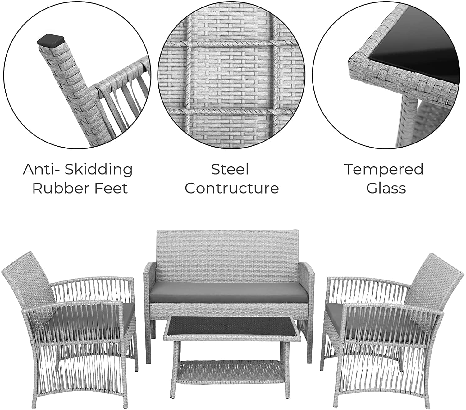 4pcs Garden Lounge Set with Cushions Glass Table Manwatstore