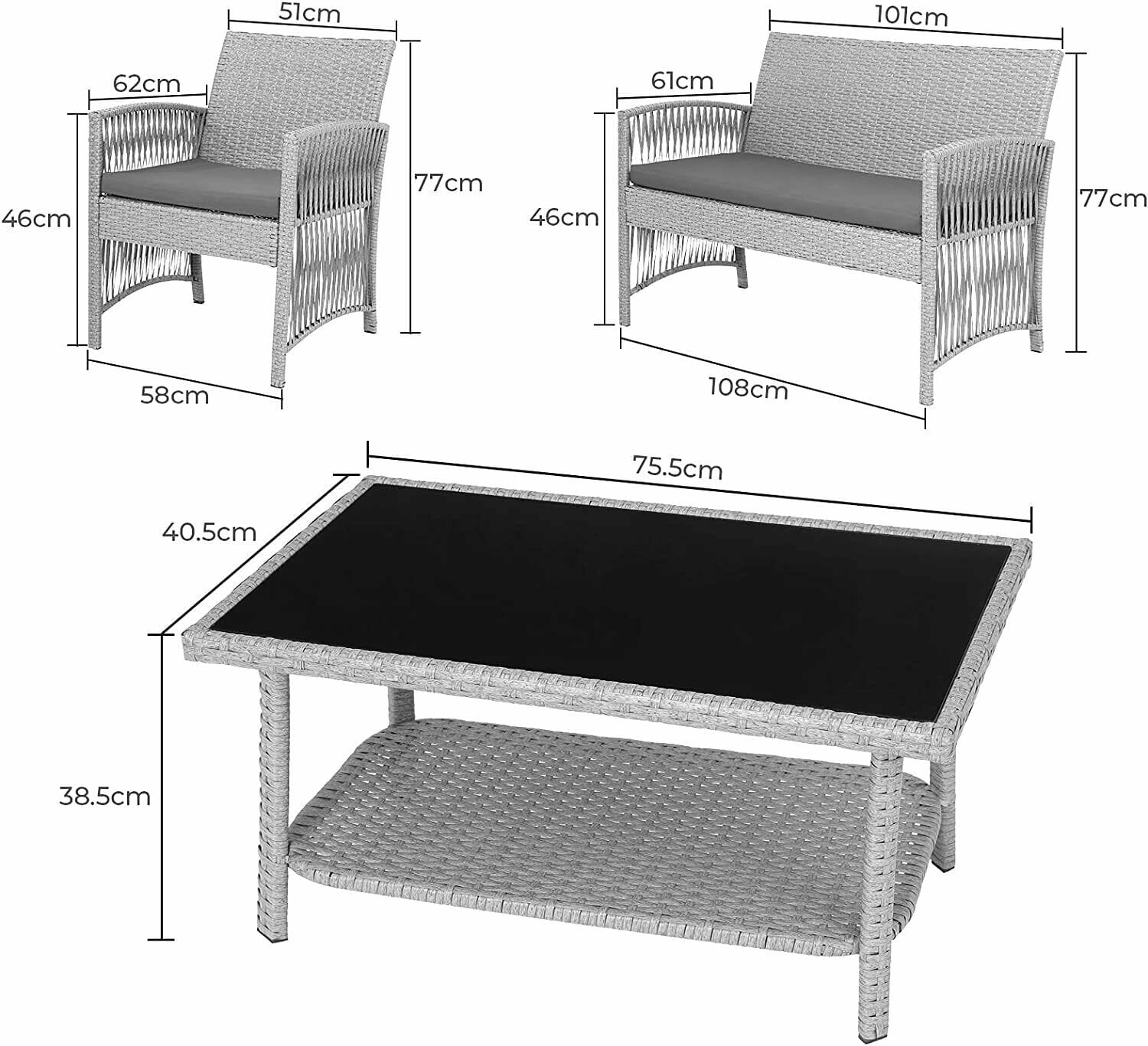 4pcs Garden Lounge Set with Cushions Glass Table Manwatstore