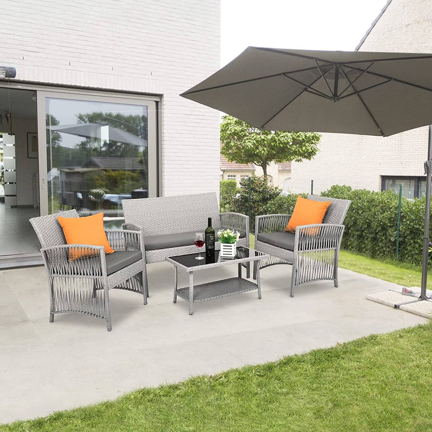 4pcs Garden Lounge Set with Cushions Glass Table Manwatstore