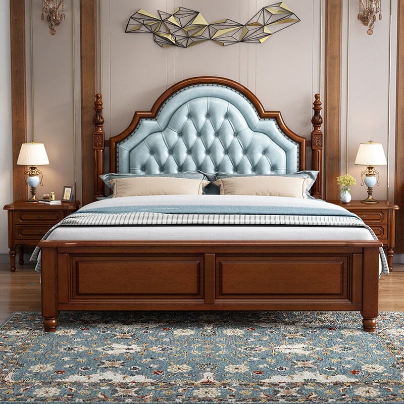 American Style Solid Wood Double Bed With Genuine Soft Leather Beds &amp; Bed Frames Manwatstore