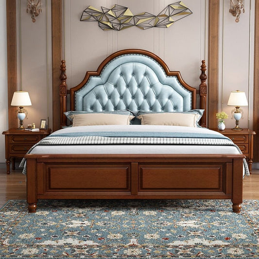 American Style Solid Wood Double Bed With Genuine Soft Leather Beds & Bed Frames Manwatstore