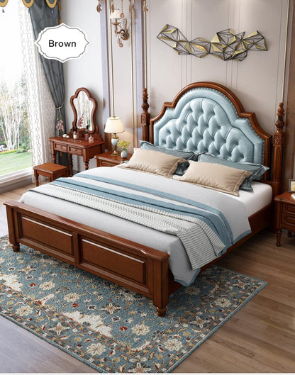 American Style Solid Wood Double Bed With Genuine Soft Leather Beds &amp; Bed Frames Manwatstore