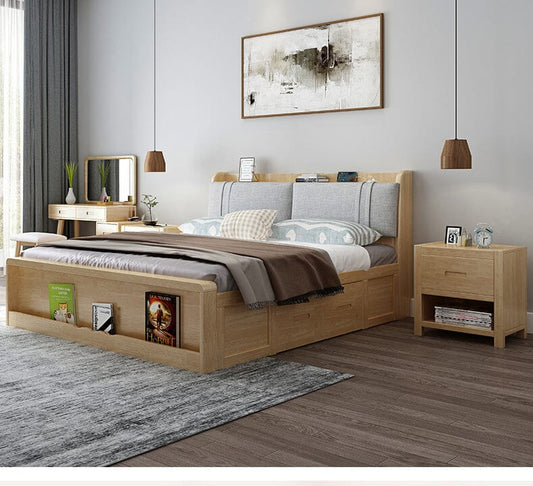 Double Bed With Wooden Frame and Storage| European Solid Wood Manwatstore
