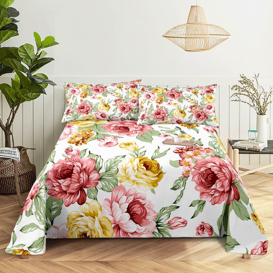 Floral Bed Sheet Set | Pillowcase Bedding Linens| Full Single Size for Bedroom Manwatstore