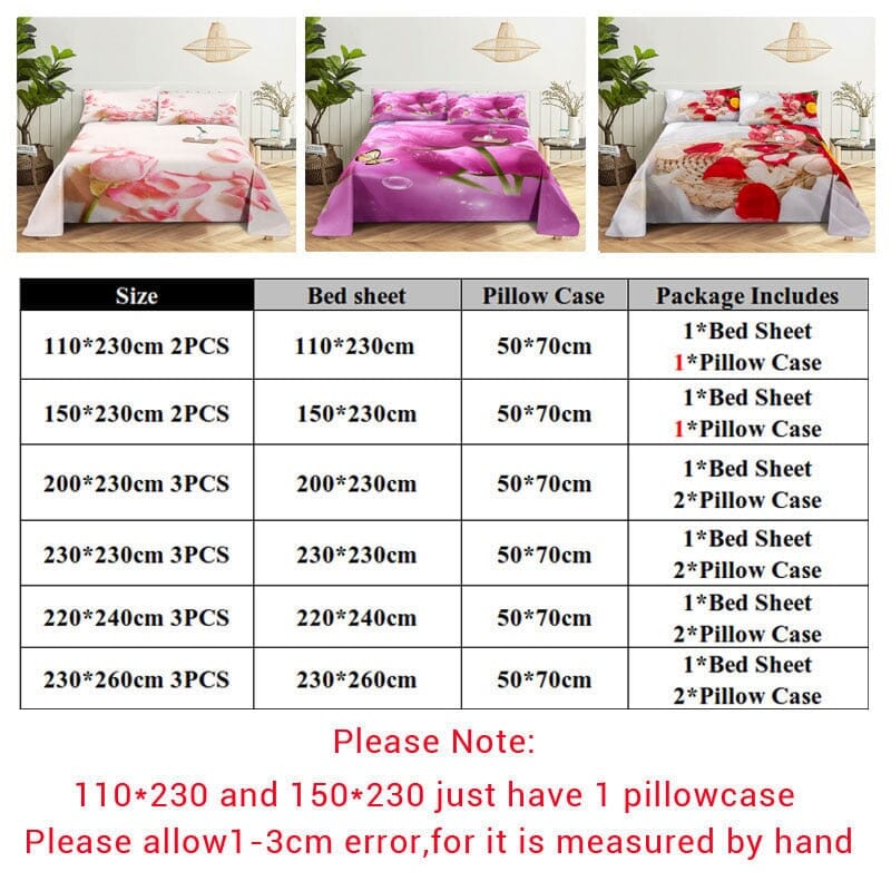 Floral Bed Sheet Set | Pillowcase Bedding Linens| Full Single Size for Bedroom Manwatstore
