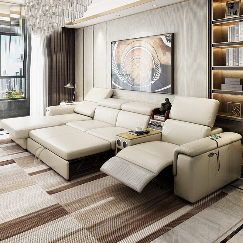 Genuine Leather Sofa Bed with Speaker and Bluetooth Manwatstore