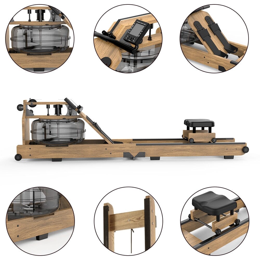 Gym Water Resistance Wood Rowing Machine With Double Track, Foldable and Movable Manwatstore