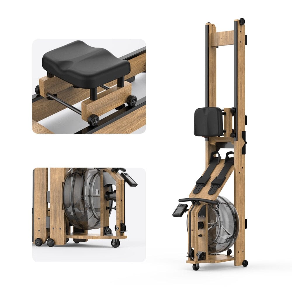 Gym Water Resistance Wood Rowing Machine With Double Track, Foldable and Movable Manwatstore