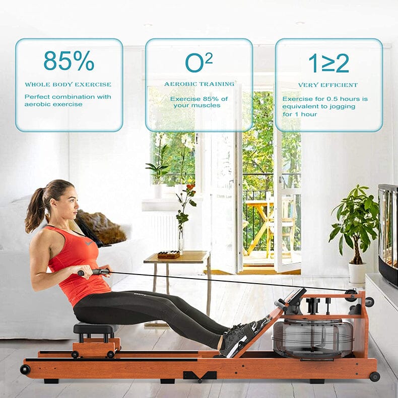 Gym Water Resistance Wood Rowing Machine With Double Track, Foldable and Movable Manwatstore