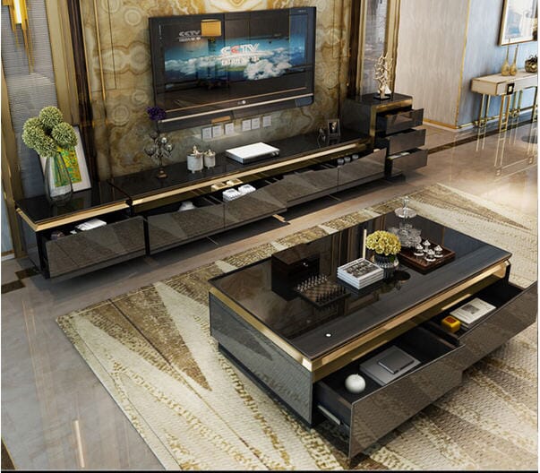 Modern TV Monitor Stand With Gold Stainless Steel Cabinet With Table Manwatstore