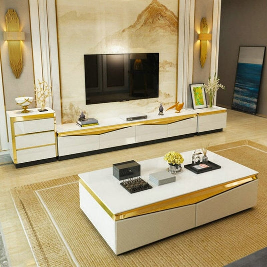 Modern TV Monitor Stand With Gold Stainless Steel Cabinet With Table Manwatstore