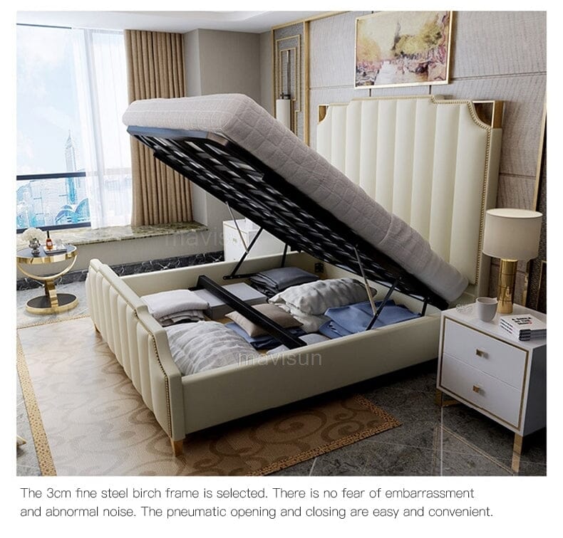 Nordic Modern Luxury Double Bed | Storage, Leather, Bad+Mattress+2 Nightstand Manwatstore