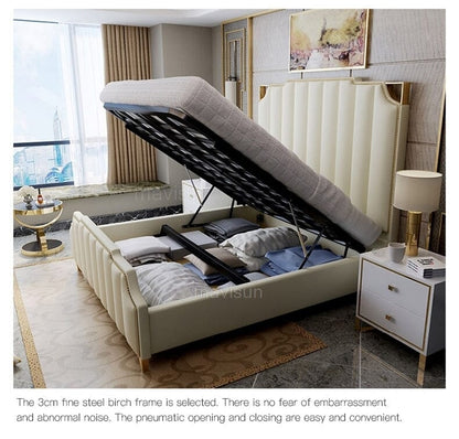 Nordic Modern Luxury Double Bed | Storage, Leather, Bad+Mattress+2 Nightstand Manwatstore