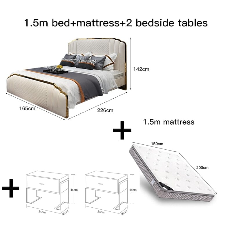 Solid Wood Double Bed with Genuine Leather, Side Table and Mattress Manwatstore