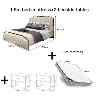 Solid Wood Double Bed with Genuine Leather, Side Table and Mattress Manwatstore