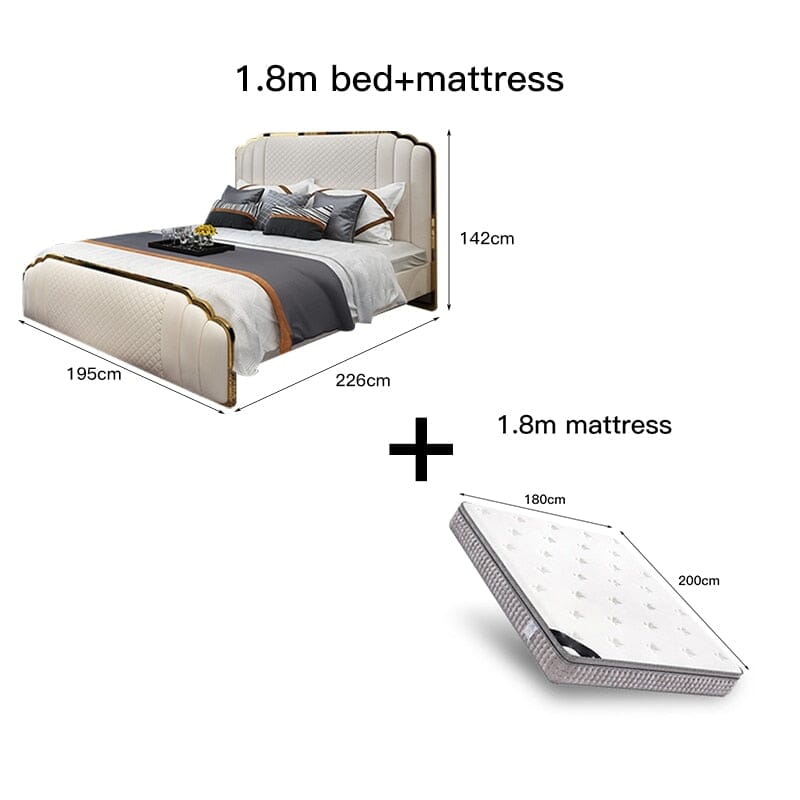 Solid Wood Double Bed with Genuine Leather, Side Table and Mattress Manwatstore