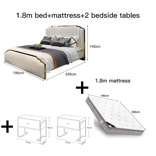 Solid Wood Double Bed with Genuine Leather, Side Table and Mattress Manwatstore